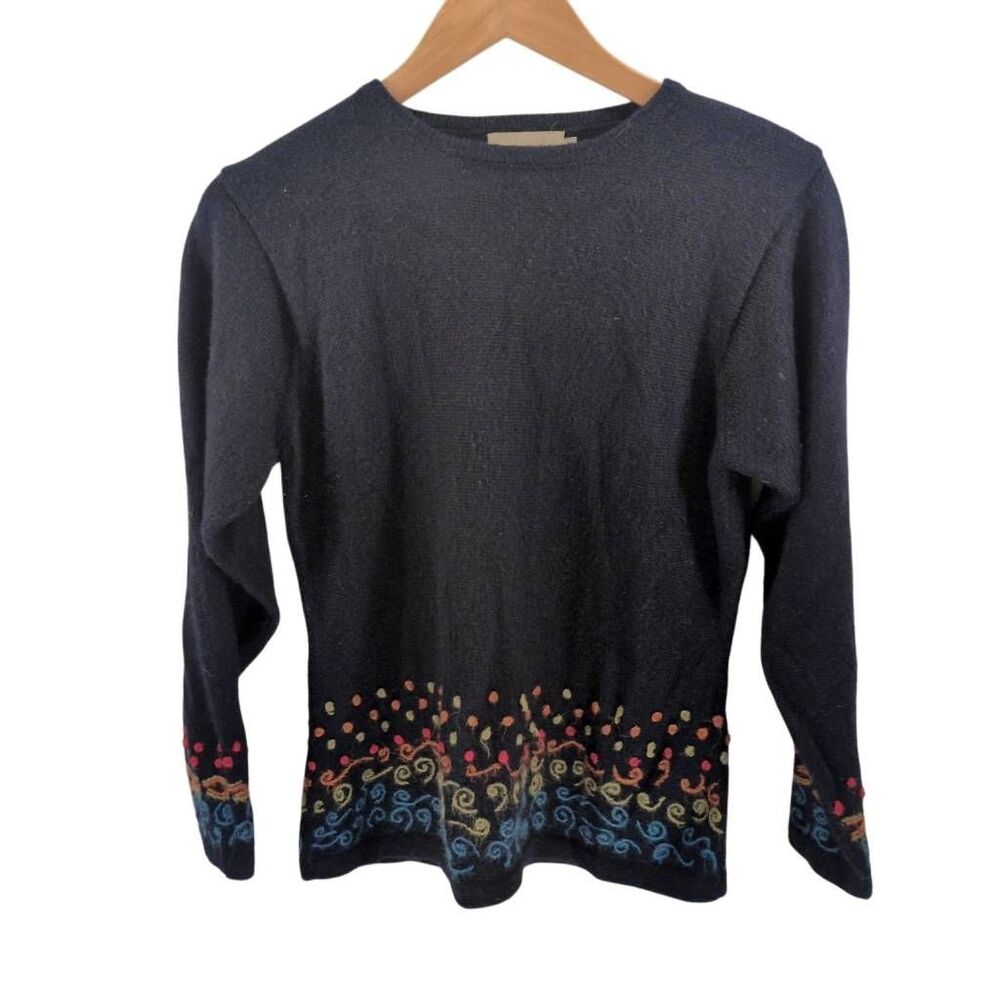 Premium Alpaca Handwoven MultiColor Trim Luxury Black Wool Sweater Boat Neck M M